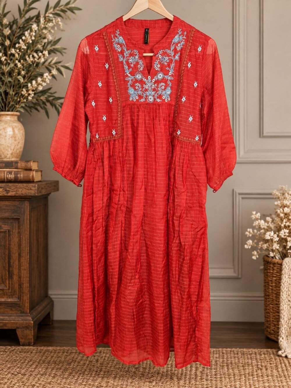 Janasya Red Sheer Boho Festival Party Cottage Floral Embroidered  Dress